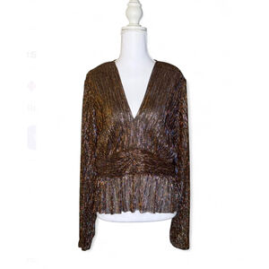Parker Metallic Pleated V-Neck Top L ✨ Sparkle Long Sleeve Blouse